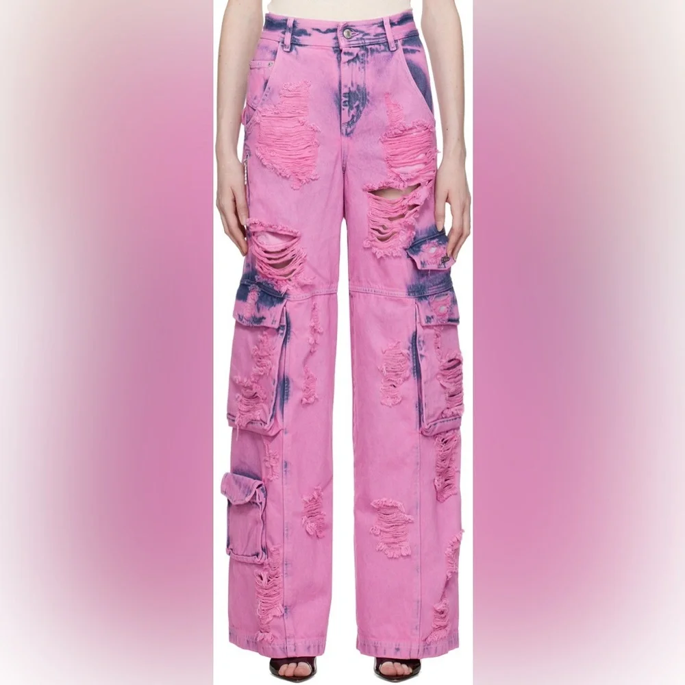 GCDS Pink Bleached distressed Denim Cargo Pants